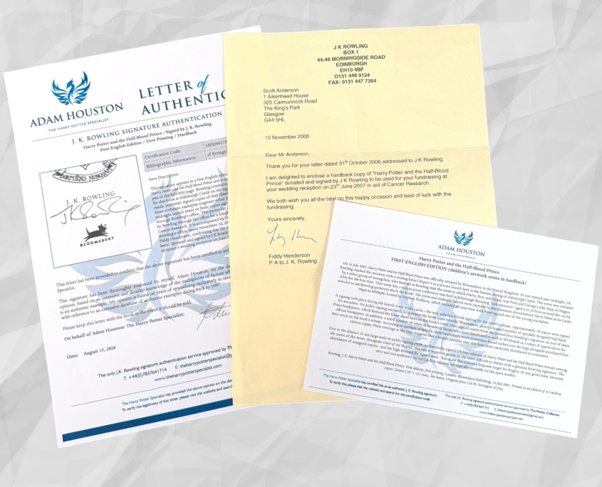 Harry Potter and the Half Blood Prince: Letter of authenticity, collector card and PA letter