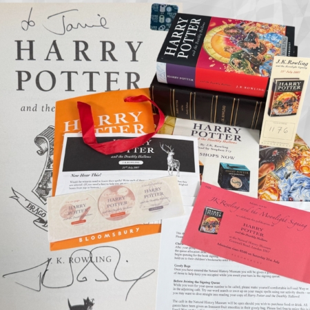 Harry Potter and the Deathly Hallows, First UK Edition, First Printing, Bloomsbury 2007, Hardcover, Signed and Inscribed by J.K. Rowling, with Ephemera