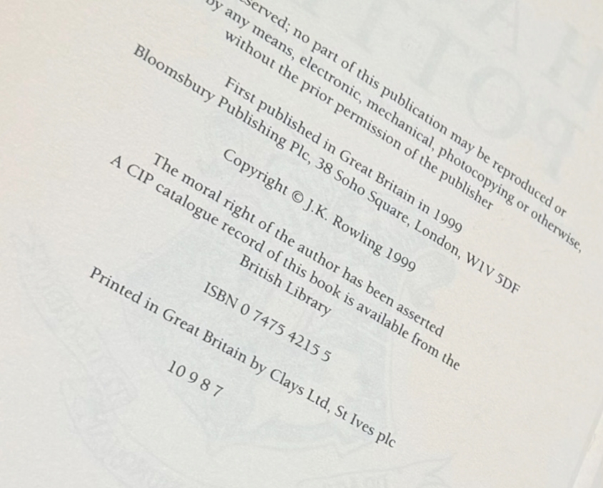 Harry Potter and The Prisoner of Azkaban: Copyright Page