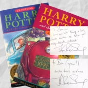 Harry Potter and the Philosopher's Stone & Chamber of Secrets, First UK Edition Paperbacks, 26th & 6th Printings Signed and Inscribed by J.K. Rowling, Pristine Condition