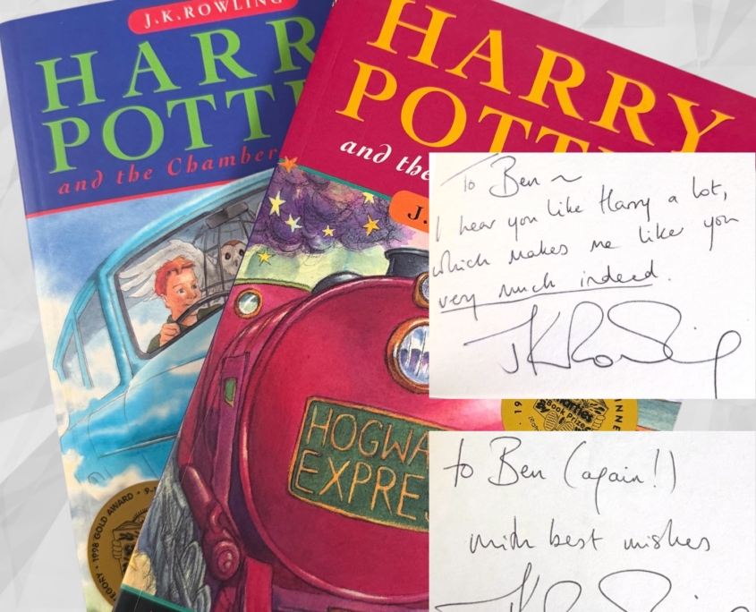 Harry Potter and the Philosopher's Stone & Chamber of Secrets, First UK Edition Paperbacks, 26th & 6th Printings Signed and Inscribed by J.K. Rowling, Pristine Condition